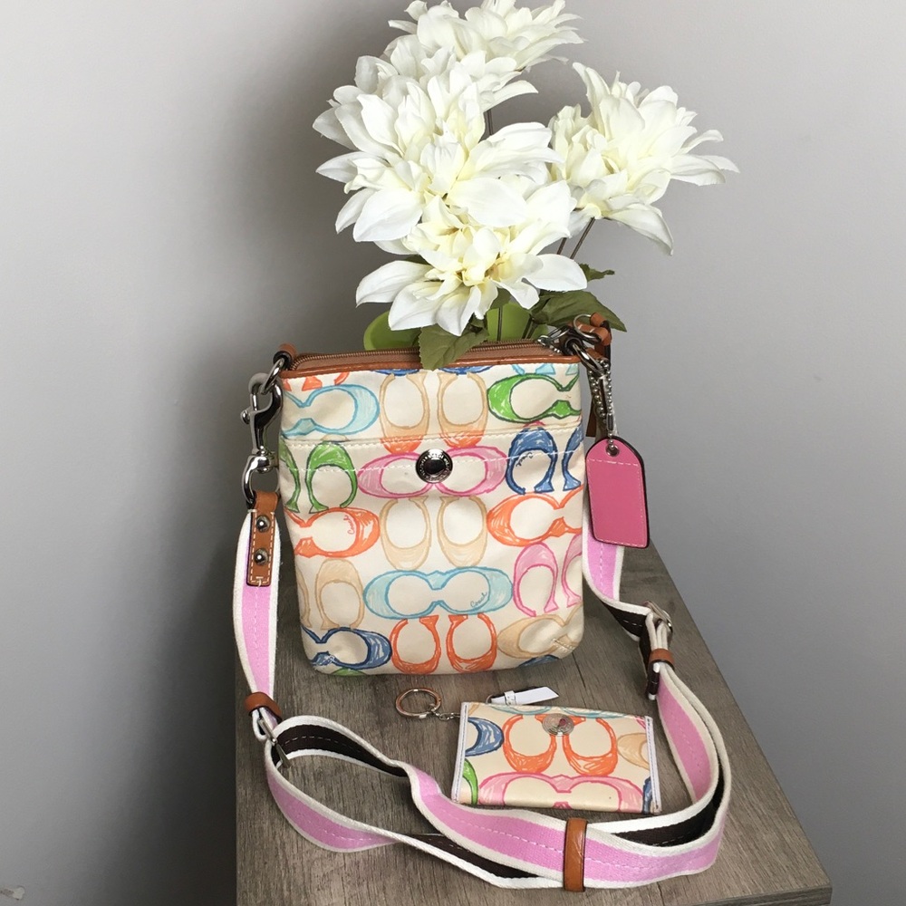 Coach Multicolor Sketch Print Crossbody with Pink Leather Tag